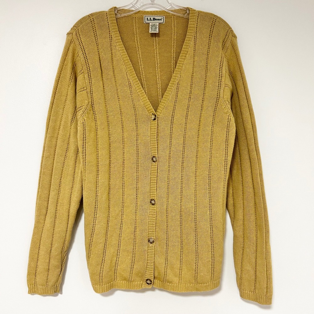 LL Bean Womens Mustard Yellow Linen Cotton Pointelle Rib V-Neck Cardigan Size L